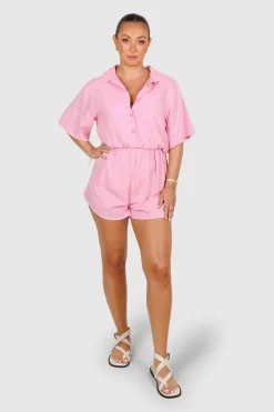 Fayt Playsuits + Jumpsuits | ZEPHYR LINEN PLAYSUIT PINK